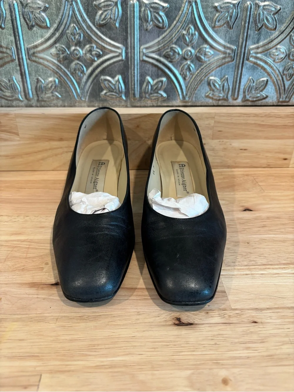 Etienne Aigner Black Low Block Heel Leather Pumps size 8.5